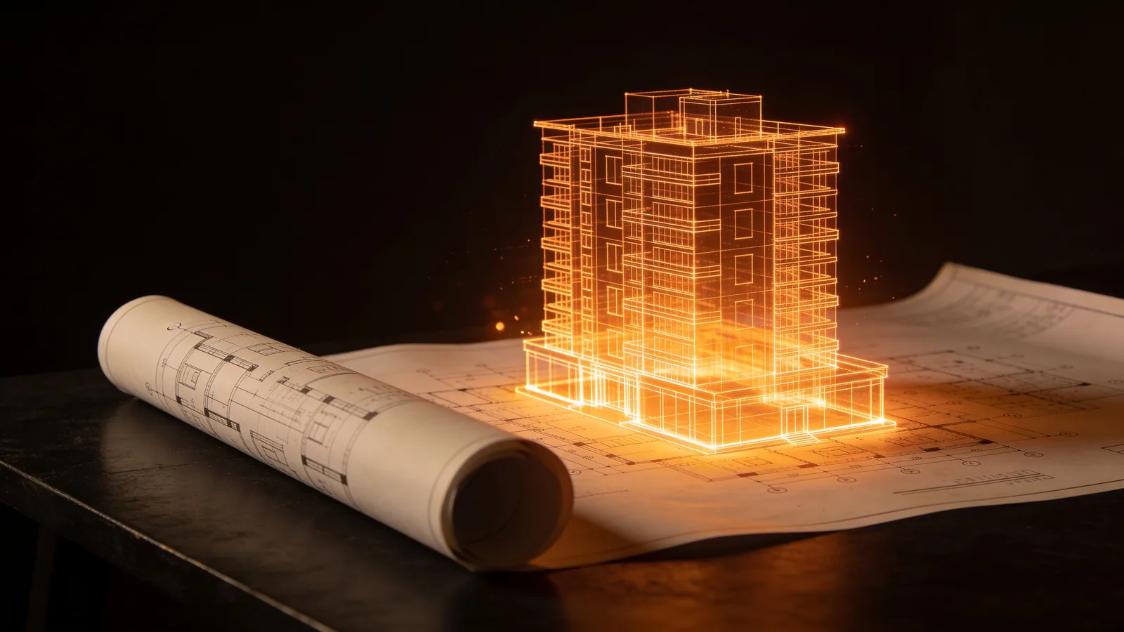 An architect's blueprint with an amber 3D wireframe rising from it — prompt to prototype