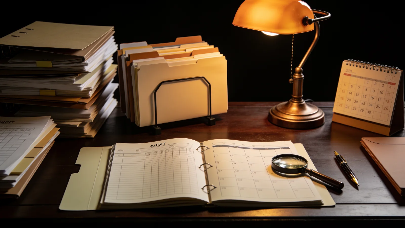 An auditor's desk of files, ledger and magnifying glass under a warm lamp — audit planning