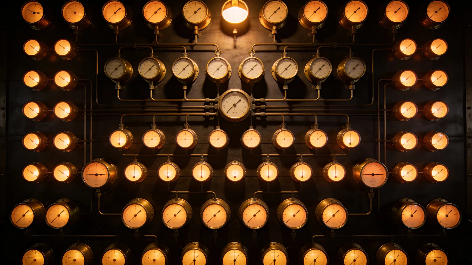 A vast wall of amber-lit gauges in darkness — continuous control monitoring
