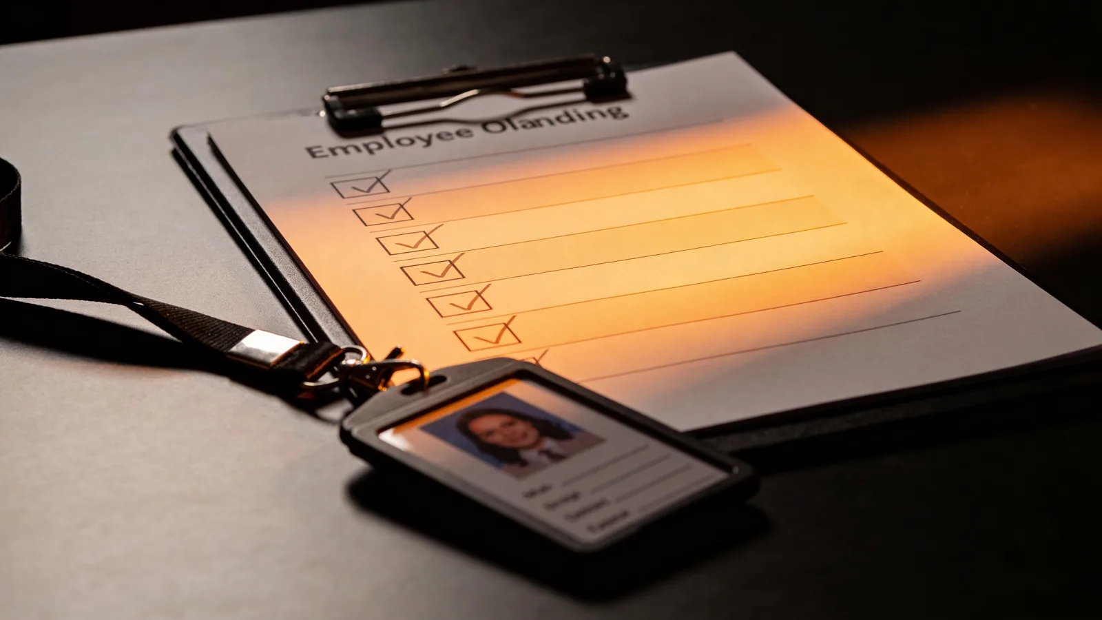 An onboarding checklist with amber-ticked checkboxes and a badge — HR compliance