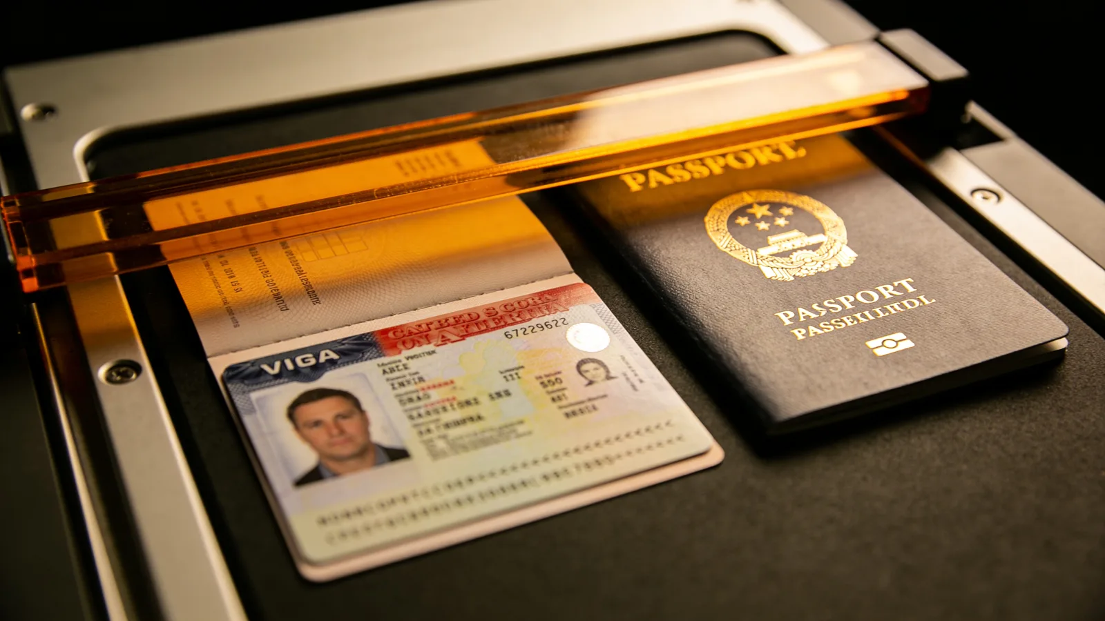 An ID card and passport under an amber scanner light bar — KYC document verification