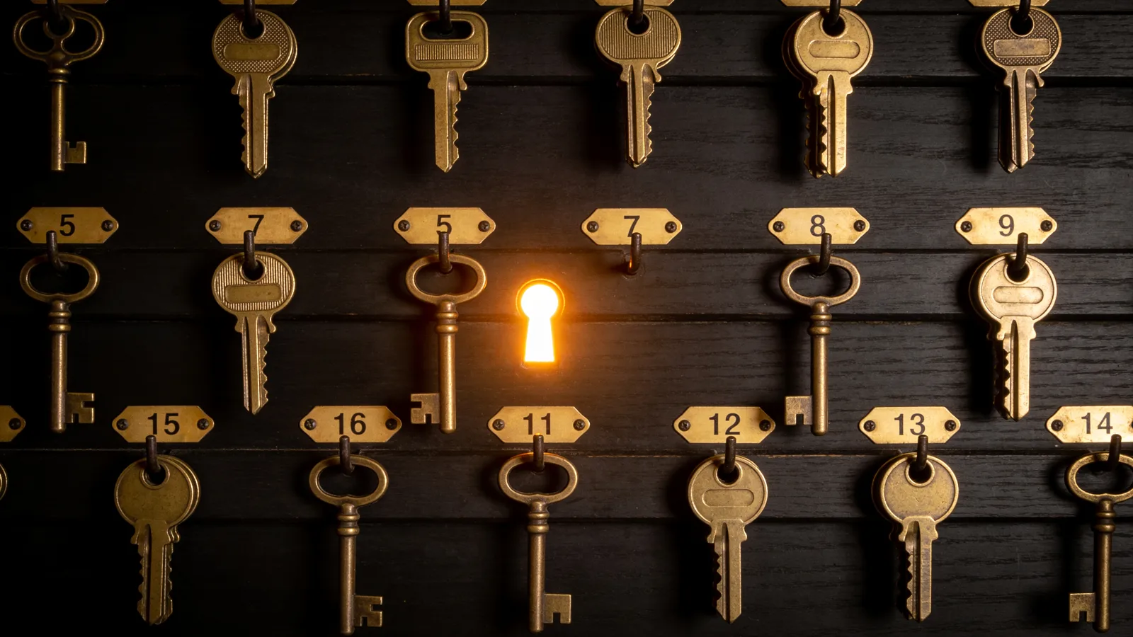 A wall of brass keys with one keyhole glowing amber — identity and access governance