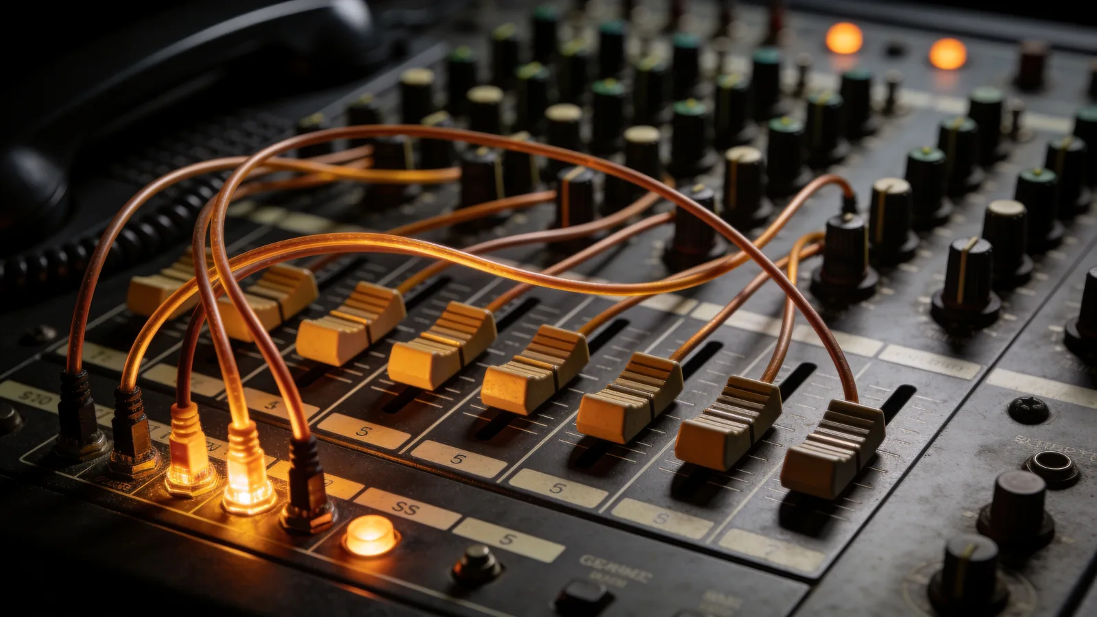 A telephone switchboard with glowing amber patch cables — voice and SMS re-engagement