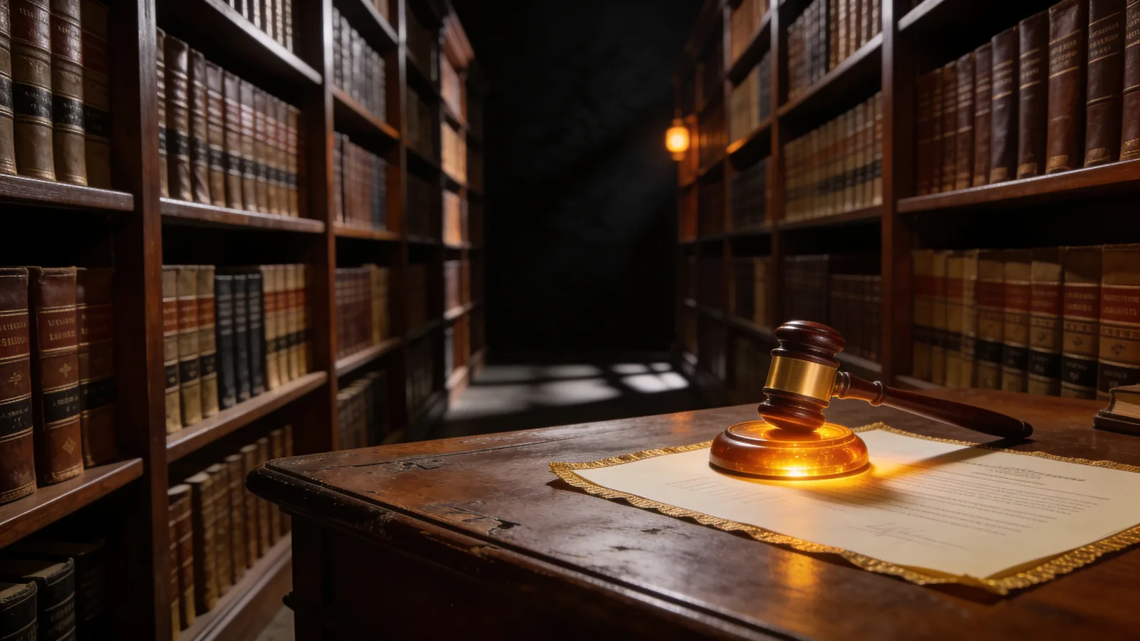 A law library with gavel and an amber-stamped document — regulation to obligation