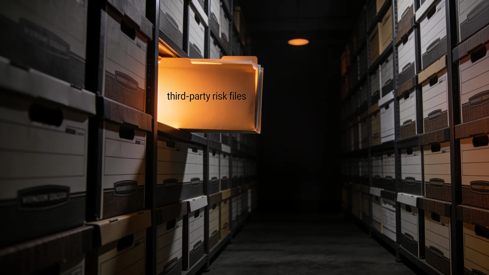 A dark archive of vendor dossiers with one folder glowing amber — third-party risk