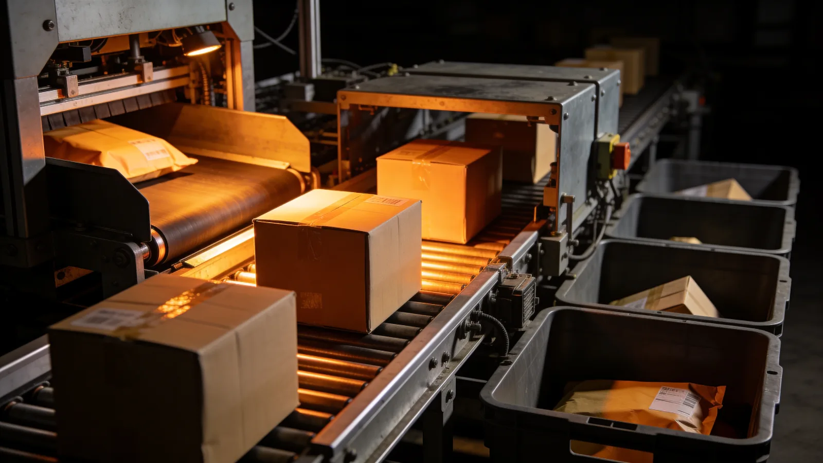 Glowing amber parcels sorted on a conveyor in darkness — ML alert triage