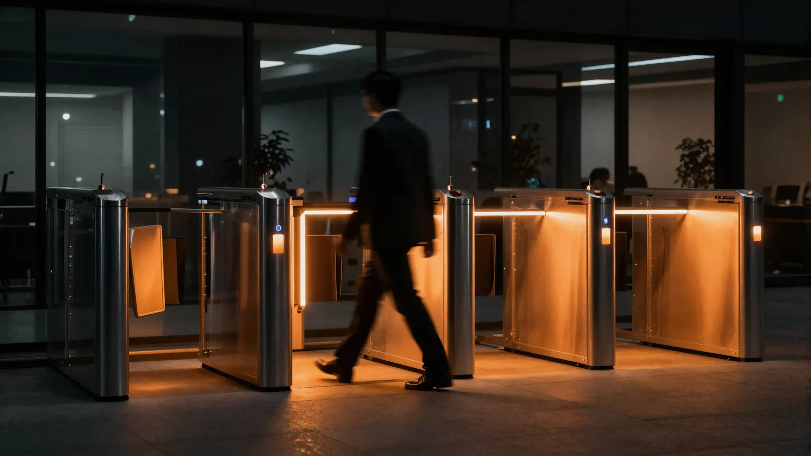 Office access gates with amber light strips — operations and identity