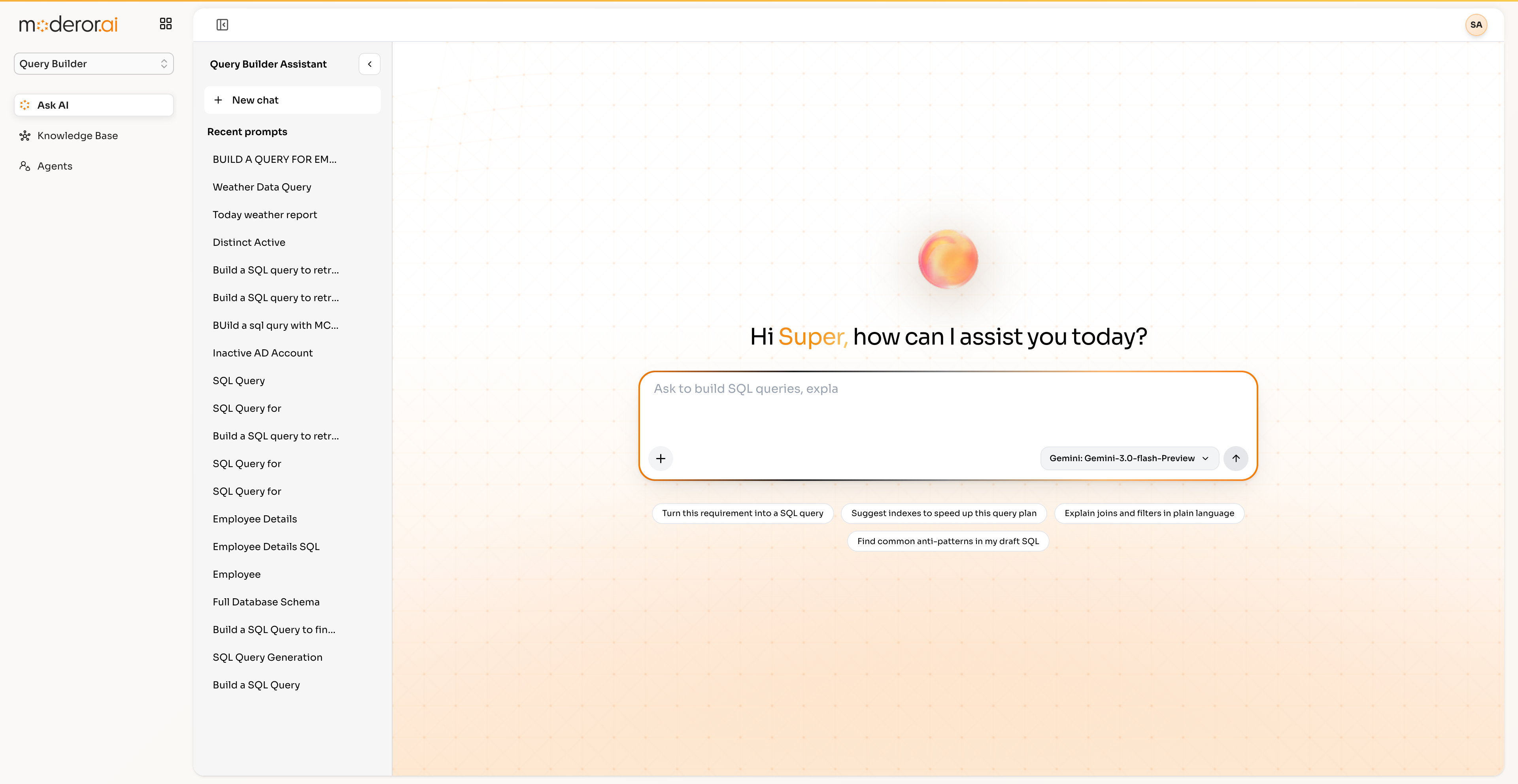 Query Builder dashboard in Moderor.ai